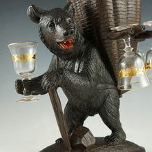 Load image into Gallery viewer, Antique Black Forest Carved Wood Hiking Bear Liquor Tantalus Stand, Wine Decanter & Cordial Glasses Set