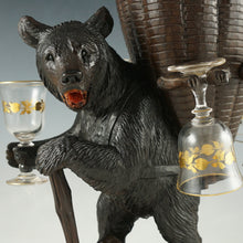 Load image into Gallery viewer, Antique Black Forest Carved Wood Hiking Bear Liquor Tantalus Stand, Wine Decanter & Cordial Glasses Set