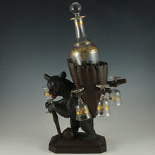 Load image into Gallery viewer, Antique Black Forest Carved Wood Hiking Bear Liquor Tantalus Stand, Wine Decanter & Cordial Glasses Set