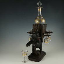Load image into Gallery viewer, Antique Black Forest Carved Wood Hiking Bear Liquor Tantalus Stand, Wine Decanter & Cordial Glasses Set