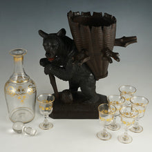 Load image into Gallery viewer, Antique Black Forest Carved Wood Hiking Bear Liquor Tantalus Stand, Wine Decanter & Cordial Glasses Set