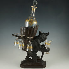 Load image into Gallery viewer, Antique Black Forest Carved Wood Hiking Bear Liquor Tantalus Stand, Wine Decanter & Cordial Glasses Set