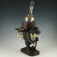 Load image into Gallery viewer, Antique Black Forest Carved Wood Hiking Bear Liquor Tantalus Stand, Wine Decanter & Cordial Glasses Set