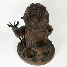 Load image into Gallery viewer, Antique Black Forest Hand Carved Wood Chamois Figural Pipe Holder Stand Tobacco Humidor Jar Box, Glass Eyes
