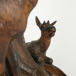 Antique Black Forest Hand Carved Wood Chamois Figural Pipe Holder Stand Tobacco Humidor Jar Box, Glass Eyes