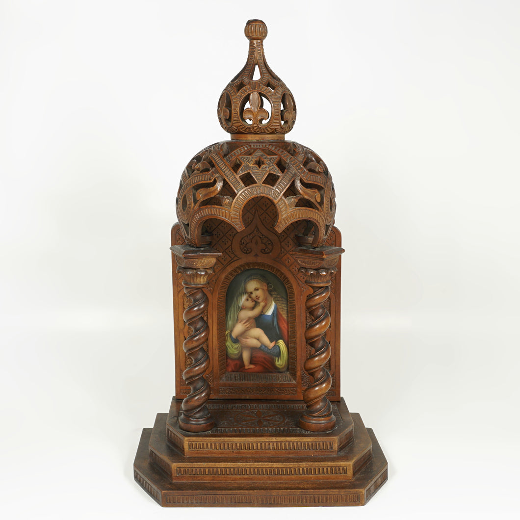 Antique Carved Wood Altar Piece Porcelain Portrait Plaque Virgin Mary & Infant Baby Jesus
