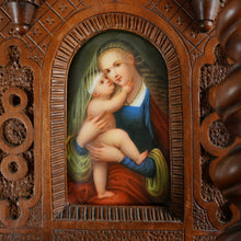Load image into Gallery viewer, Antique Carved Wood Altar Piece Porcelain Portrait Plaque Virgin Mary &amp; Infant Baby Jesus
