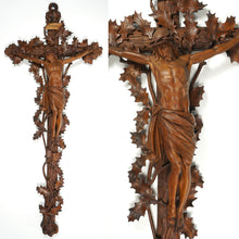 Load image into Gallery viewer, Antique Black Forest Hand Carved Wood Crucifix with Corpus Christi Jesus Christ Religious Wall Sculpture