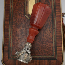 Load image into Gallery viewer, Antique Wax Seal Desk Stamp Agate Handle Sterling Silver & Gold Figural Dog & Putti Matrix