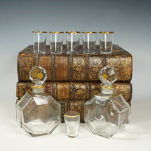 Load image into Gallery viewer, Large Antique French Liquor Caddy Tantalus Box, Decanter & Shot Glasses Trompe l’Oeil Old Leather Books Secret Hidden Mini Bar