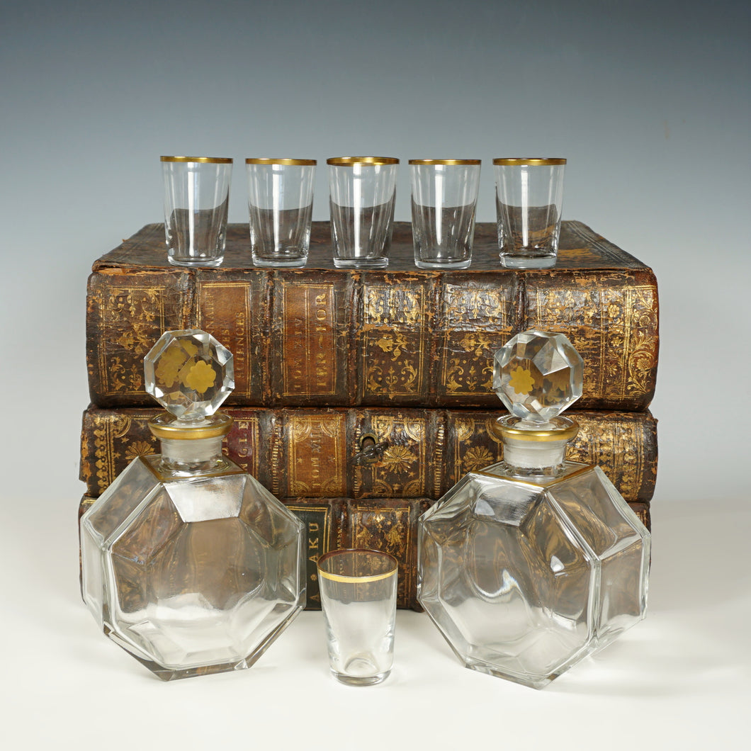 Large Antique French Liquor Caddy Tantalus Box, Decanter & Shot Glasses Trompe l’Oeil Old Leather Books Secret Hidden Mini Bar