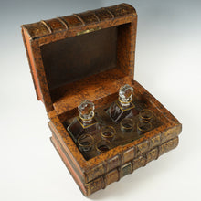 Load image into Gallery viewer, Large Antique French Liquor Caddy Tantalus Box, Decanter & Shot Glasses Trompe l’Oeil Old Leather Books Secret Hidden Mini Bar