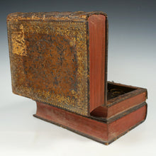 Load image into Gallery viewer, Large Antique French Liquor Caddy Tantalus Box, Decanter & Shot Glasses Trompe l’Oeil Old Leather Books Secret Hidden Mini Bar