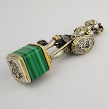 Load image into Gallery viewer, Antique Silver Figural Wax Seal, Desk Stamp, Knight Soldier, Malachite Stone Base