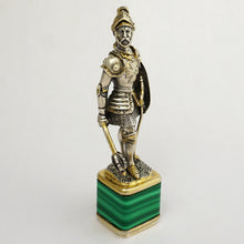 Load image into Gallery viewer, Antique Silver Figural Wax Seal, Desk Stamp, Knight Soldier, Malachite Stone Base