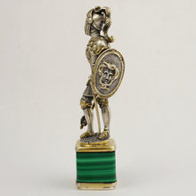 Load image into Gallery viewer, Antique Silver Figural Wax Seal, Desk Stamp, Knight Soldier, Malachite Stone Base