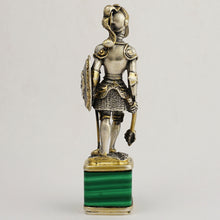 Load image into Gallery viewer, Antique Silver Figural Wax Seal, Desk Stamp, Knight Soldier, Malachite Stone Base