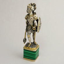 Load image into Gallery viewer, Antique Silver Figural Wax Seal, Desk Stamp, Knight Soldier, Malachite Stone Base