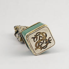 Load image into Gallery viewer, Antique Silver Figural Wax Seal, Desk Stamp, Knight Soldier, Malachite Stone Base