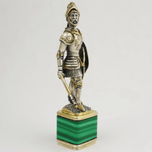 Load image into Gallery viewer, Antique Silver Figural Wax Seal, Desk Stamp, Knight Soldier, Malachite Stone Base