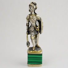 Load image into Gallery viewer, Antique Silver Figural Wax Seal, Desk Stamp, Knight Soldier, Malachite Stone Base