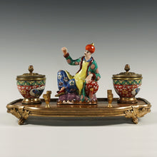 Load image into Gallery viewer, Antique French Chinoiserie Lacquer Wood & Porcelain Figurine Gilt Bronze Inkwell