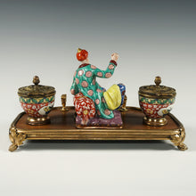 Load image into Gallery viewer, Antique French Chinoiserie Lacquer Wood & Porcelain Figurine Gilt Bronze Inkwell