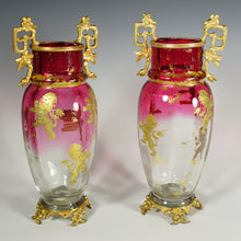 Load image into Gallery viewer, Pair Antique French Gilt Bronze & Cranberry Rubina Glass Vases, Raised Gold Enamel Lions