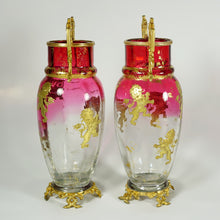 Load image into Gallery viewer, Pair Antique French Gilt Bronze & Cranberry Rubina Glass Vases, Raised Gold Enamel Lions