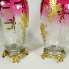 Load image into Gallery viewer, Pair Antique French Gilt Bronze & Cranberry Rubina Glass Vases, Raised Gold Enamel Lions
