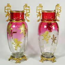 Load image into Gallery viewer, Pair Antique French Gilt Bronze & Cranberry Rubina Glass Vases, Raised Gold Enamel Lions