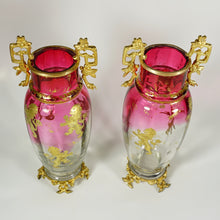 Load image into Gallery viewer, Pair Antique French Gilt Bronze & Cranberry Rubina Glass Vases, Raised Gold Enamel Lions