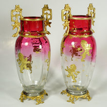 Load image into Gallery viewer, Pair Antique French Gilt Bronze & Cranberry Rubina Glass Vases, Raised Gold Enamel Lions