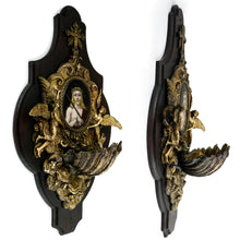 Load image into Gallery viewer, Antique French Bronze Holy Water Font, Limoges Enamel on Copper Miniature Portrait Plaque Painting of Jesus Christ