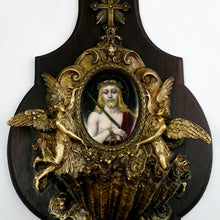 Load image into Gallery viewer, Antique French Bronze Holy Water Font, Limoges Enamel on Copper Miniature Portrait Plaque Painting of Jesus Christ