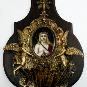 Antique French Bronze Holy Water Font, Limoges Enamel on Copper Miniature Portrait Plaque Painting of Jesus Christ