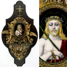 Load image into Gallery viewer, Antique French Bronze Holy Water Font, Limoges Enamel on Copper Miniature Portrait Plaque Painting of Jesus Christ