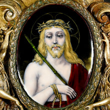 Load image into Gallery viewer, Antique French Bronze Holy Water Font, Limoges Enamel on Copper Miniature Portrait Plaque Painting of Jesus Christ