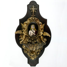 Load image into Gallery viewer, Antique French Bronze Holy Water Font, Limoges Enamel on Copper Miniature Portrait Plaque Painting of Jesus Christ