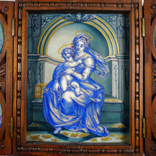Load image into Gallery viewer, Antique Hand Painted Porcelain Portrait Plaques, Carved Wood Triptych Religious Scenes Alter Piece, Madonna & Child