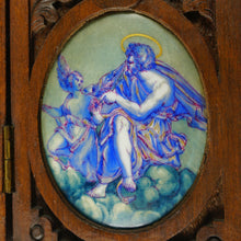 Load image into Gallery viewer, Antique Hand Painted Porcelain Portrait Plaques, Carved Wood Triptych Religious Scenes Alter Piece, Madonna & Child