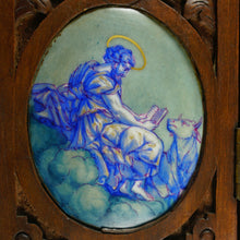 Load image into Gallery viewer, Antique Hand Painted Porcelain Portrait Plaques, Carved Wood Triptych Religious Scenes Alter Piece, Madonna & Child