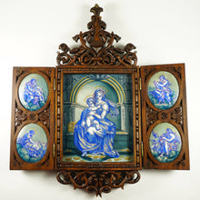 Load image into Gallery viewer, Antique Hand Painted Porcelain Portrait Plaques, Carved Wood Triptych Religious Scenes Alter Piece, Madonna & Child