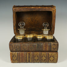 Load image into Gallery viewer, Antique French Trompe l’Oeil Books Liquor Caddy Tantalus Box, Decanter & Shot Glasses Secret Hidden Mini Bar