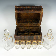 Load image into Gallery viewer, Antique French Trompe l’Oeil Books Liquor Caddy Tantalus Box, Decanter & Shot Glasses Secret Hidden Mini Bar