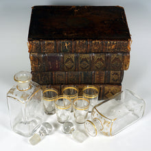 Load image into Gallery viewer, Antique French Trompe l’Oeil Books Liquor Caddy Tantalus Box, Decanter & Shot Glasses Secret Hidden Mini Bar