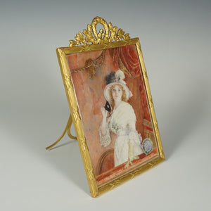 Antique French Miniature Portrait Lady with Mask, Gilt Bronze Ormolu Frame