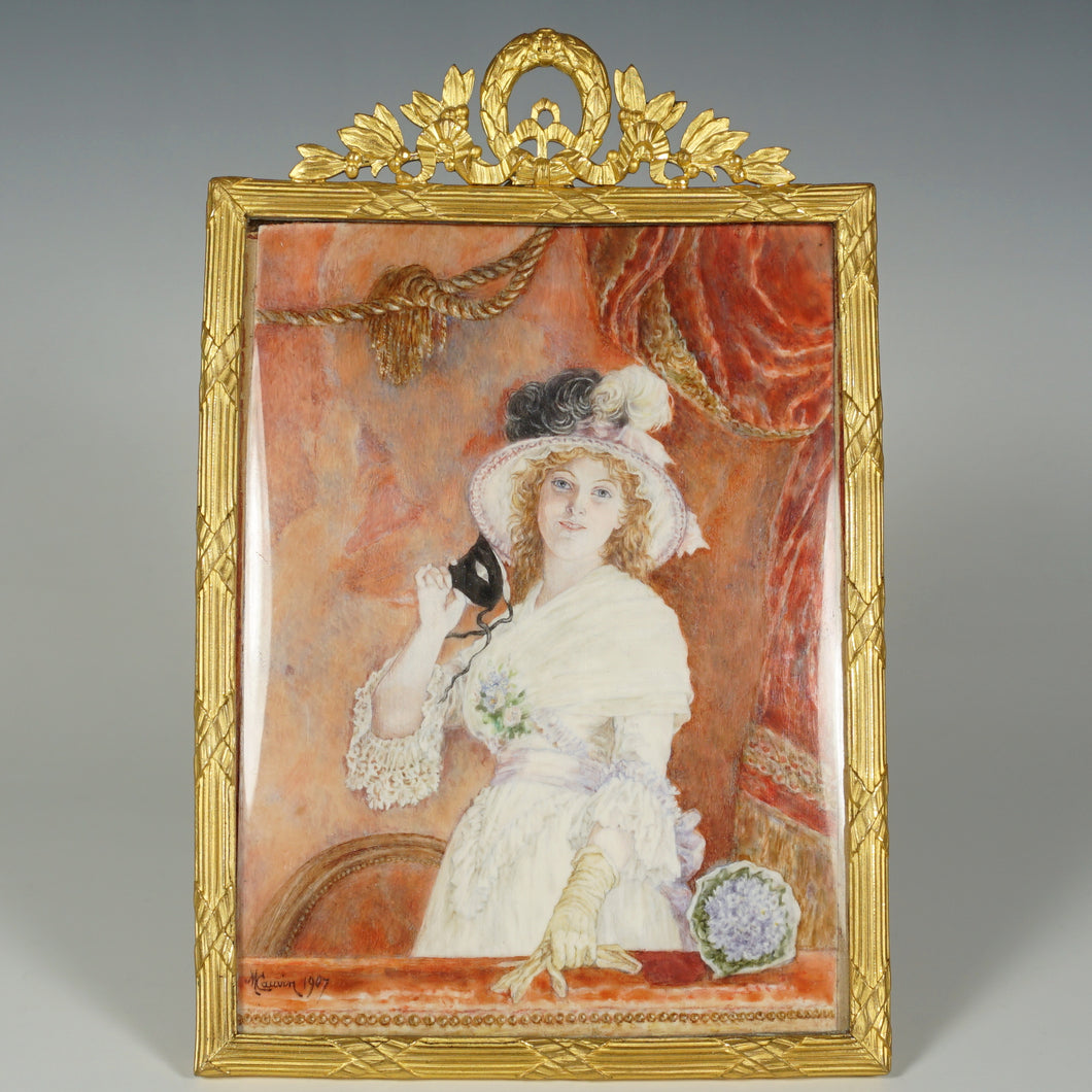 Antique French Miniature Portrait Lady with Mask, Gilt Bronze Ormolu Frame