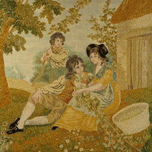 Load image into Gallery viewer, Antique French Chenille Embroidery Painted Silk Panel, Silkwork Embroidered Needlework Sampler, Country Pastoral Scene of Family
