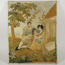 Load image into Gallery viewer, Antique French Chenille Embroidery Painted Silk Panel, Silkwork Embroidered Needlework Sampler, Country Pastoral Scene of Family